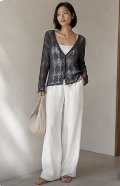 Principles Womens M Crochet Cardigan Bluish Gray Open Knit Boho Y2K Whimsy READ